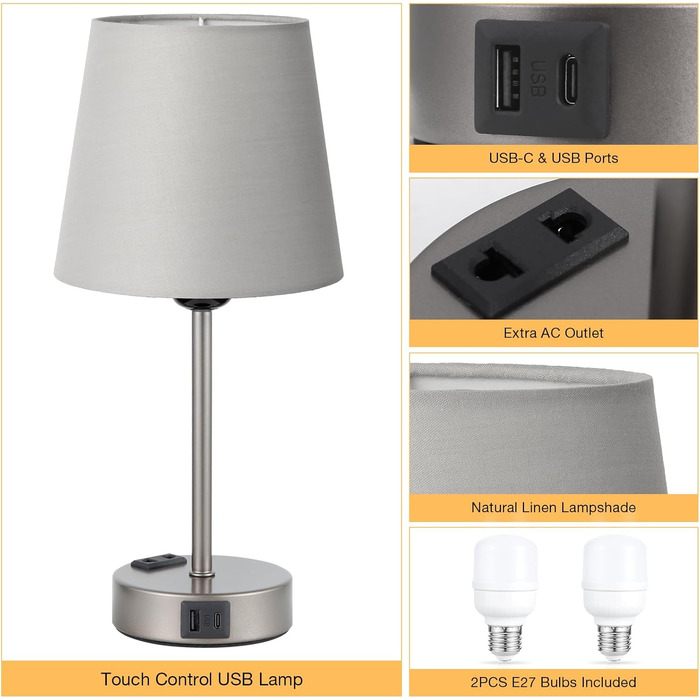 Настільна лампа Kakanuo з торшером, 2 шт. з USB-портами та диммуванням, для спальні, вітальні, дитячої кімнати, офісу (сірий)