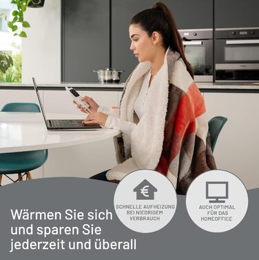 Електрична ковдра Imetec Adapto Tartan Festival, 160x120 см, тепла та затишна, з технологією Adapto, 6 температур, безпечна, швидкий нагрів, для дому, миюча, оранжево-сіра