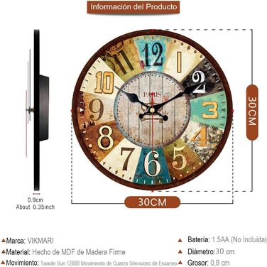 VIKMARI Quartz Wall Clock Wood Silent Hanging Clock, Battery-Powered Round Rustic Clock, Easy to Read Vintage Indoor Wall Clock || 14' (France Parisian Style, 30 cm)