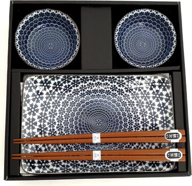 Набір для суші YUKI Original – японський набір для суші білого та блакитного кольорів з порцеляни (2 тарілки, 2 маленькі мисочки, 2 пари паличок) у подарунковій коробці