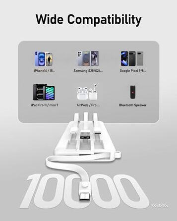 Power Bank 10000mAh з 5 виходами та 2 входами, LED дисплеєм та вбудованими кабелями. Сумісний з iPhone, iPad, Samsung, Xiaomi, Google Pixel.