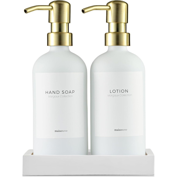 Набір дозаторів для мила та лосьйону MaisoNovo: 2 шт. по 500 мл + піднос з шиферу. Дозатор для мила та лосьйону для ванної та кухні. Чорний колір, золоті помпи.