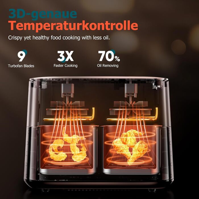 Дво-зонна аерофритюрниця з оглядовим вікном, 9 л XL, подвійний Airfryer, 2 кошики, 9-в-1, сенсорний екран, розумний таймер, для здорового приготування без олії