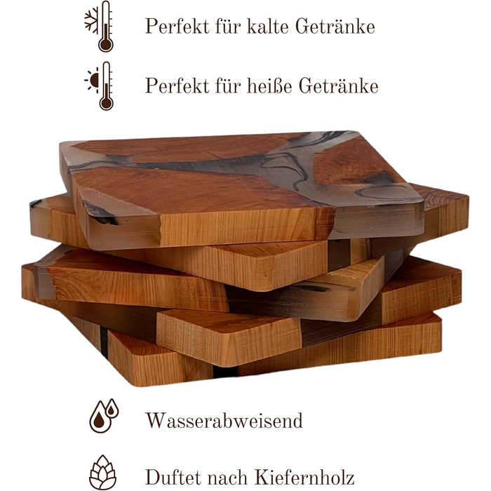 Shizuro Coasters made of wood, square - Set of 6 - Coasters for drinks, cups, mugs, glasses - Design, decor table coasters, real wood, epoxy resin, modern