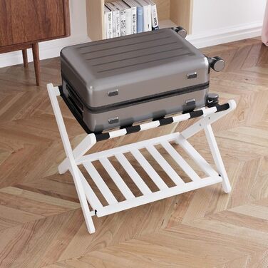 Fully assembled white luggage rack, enhanced bamboo, foldable suitcase stand with 5 nylon straps, luggage holder with shelf for guest rooms, hotel (white luggage rack, 1 piece)