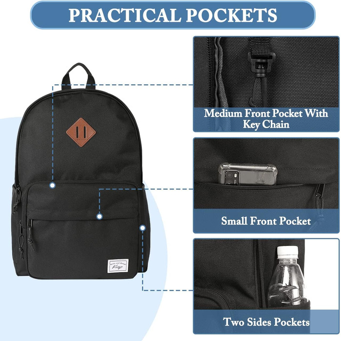 Шкільний рюкзак для підлітків: легкий, 15.6 дюймів, для ноутбука, чорний. Підходить для чоловіків, жінок, хлопців та дівчат, для школи, університету, подорожей та роботи. Об'єм 17,8 л.