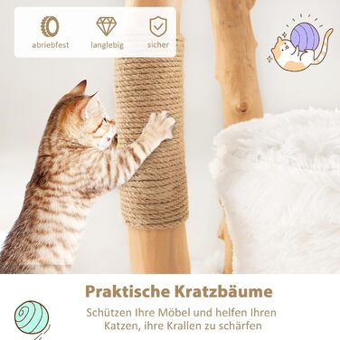 Кігтеточка для котів COSTWAY 124 см з будиночком, платформою та джутовими стовпчиками, з масиву дерева, біла