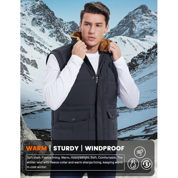 Чоловіча жилетка MAGCOMSEN з підкладкою, зимова, без рукавів, тепла флісова жилетка, для відпочинку, термо, перехідна жилетка з багатою кишенями, 3XL, темно-сіра