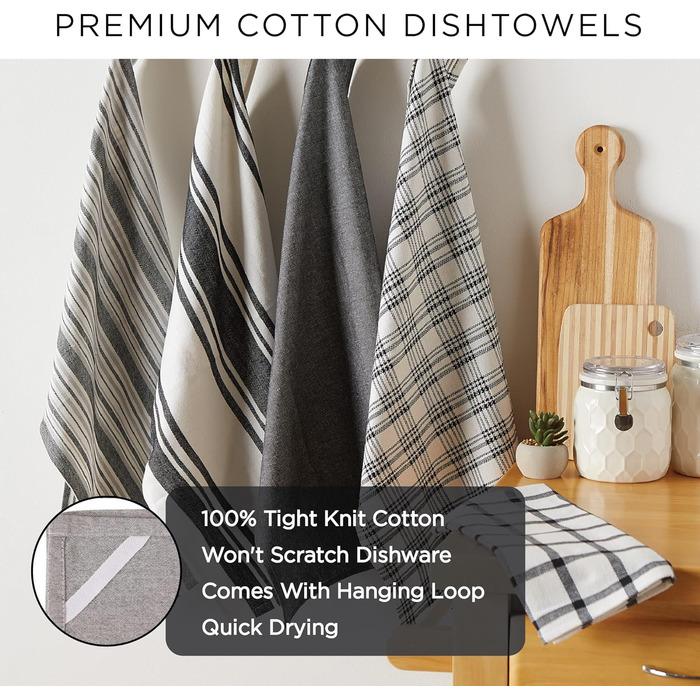 DII Sorted, Woven Kitchen Dish Towel Set, Cotton, Black, 18x28, 5