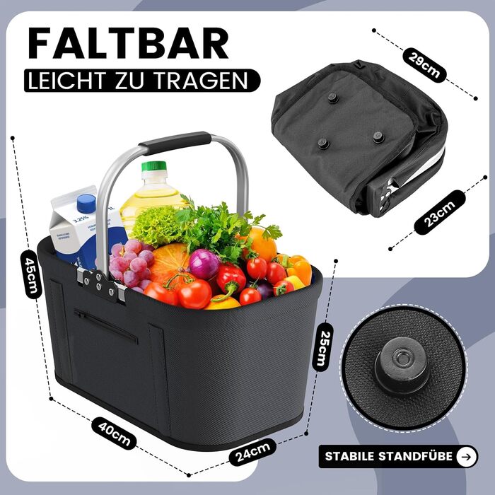 Складаний кошик для покупок на 30 літрів з 4 стійкими ніжками | Міцний кошик для перенесення та пікніків | Великий сімейний кошик (46x27x25 см) | З м'якими ручками | Для покупок, подорожей, кемпінгу (30л, сірий)