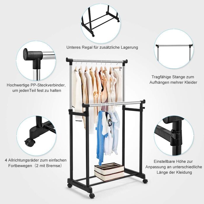 COSTWAY Clothes Rack with 2 Height-Adjustable Clothes Rods, Coat Rack on Wheels, Rolling Wardrobe, Clothes Cart, Stable Clothes Rack, 86 x 43 x 94-168cm, Black