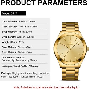 Годинник чоловічий LENQIN з нержавіючої сталі, аналоговий кварцовий годинник, водостійкий (30м), для бізнесу та повсякденного носіння, колір: золото