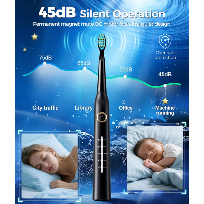 Звукова зубна щітка Schallzahnbürste для дорослих, 8 насадок, 40000 об/хв, 5 режимів, до 30 днів роботи, швидка зарядка, IPX7 водонепроникна, чорна