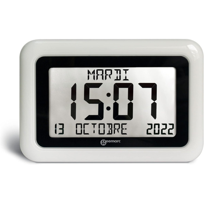 Calendar Clock - Geemarc Viso10 with automatic time setting and large letters - For people living with Alzheimer's - Battery operated - No backlight - Version DE - White