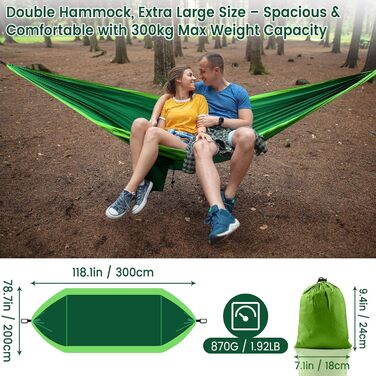 Гамак для двох осіб XXL 300 x 200 см – Складаний, ультралегкий та портативний. Міцний гамак для відпочинку на природі з вагою до 300 кг – ідеально підходить для саду, кемпінгу та подорожей (темно-зелений)