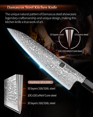 Японський ніж XINZUO Damaststahl Kiritsuke 21.5 см з нержавіючої сталі Дамаск, ніж шеф-кухаря Gyuto з ручкою з оливкового дерева та чорного рогу буйвола, з піхвою (набір з 5 ножів)