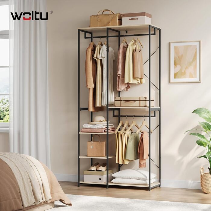 Вільна вішалка для одягу WOLTU з полицею, для спальні/коридору, стабільна, з дерева та металу, білий + світлий дуб (чорний + світлий дуб)