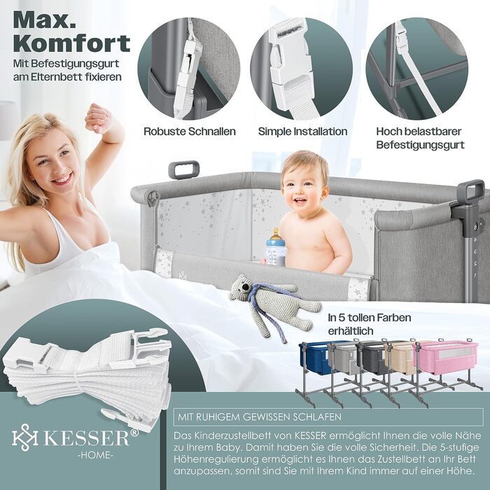 KESSER® Hubi 3in1 Bedside Bed, Travel Bed, Baby Bed with Soft Mattress, Mobile Bed, 5-Level Height Adjustment, Foldable Side Rail for Home and On the Go, Light Grey