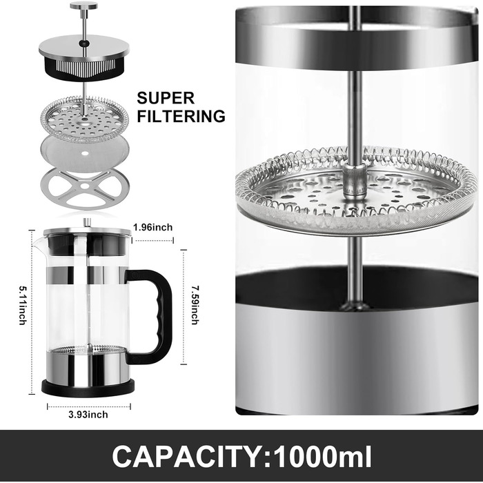 UCAMP Френч-прес для кави та чаю, 1000 мл, скляна кавова преса, портативна кавоварка з потрійним фільтром, для подорожей та подарунків