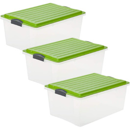 Rotho Compact 3-Piece Storage Box Set 70l with Lid and Wheels (3x38l, Green/Transparent)