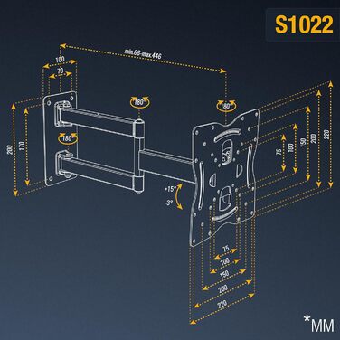 Кріплення для телевізора RICOO S1022: поворотне та нахильне, для телевізорів 27-55 дюймів, VESA 200x200, до 30 кг, універсальне, для плоских та вигнутих телевізорів