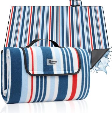 Килимок для пікніка Sekey 200x200 см, вологостійкий, пісконепроникний, для пляжу та кемпінгу, блакитно-білий у смужку