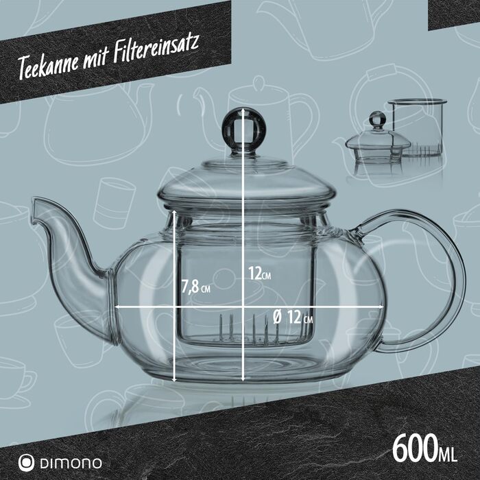 Скляний чайник Dimono з фільтром для заварювання чаю, об'єм 1500 мл (600 мл), ручна робота