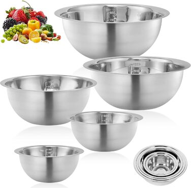 Набір з 5 чаш для перемішування з нержавіючої сталі з мірними позначками, ергономічний дизайн, стійкі до морозу, безпечні для миття в посудомийній машині. Металеві чаші для випічки, приготування їжі, салатів та зберігання продуктів.