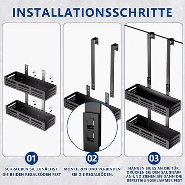 Настінна поличка для душу Hawsam з 2 кошиками та 4 гачками, без свердління, чорна