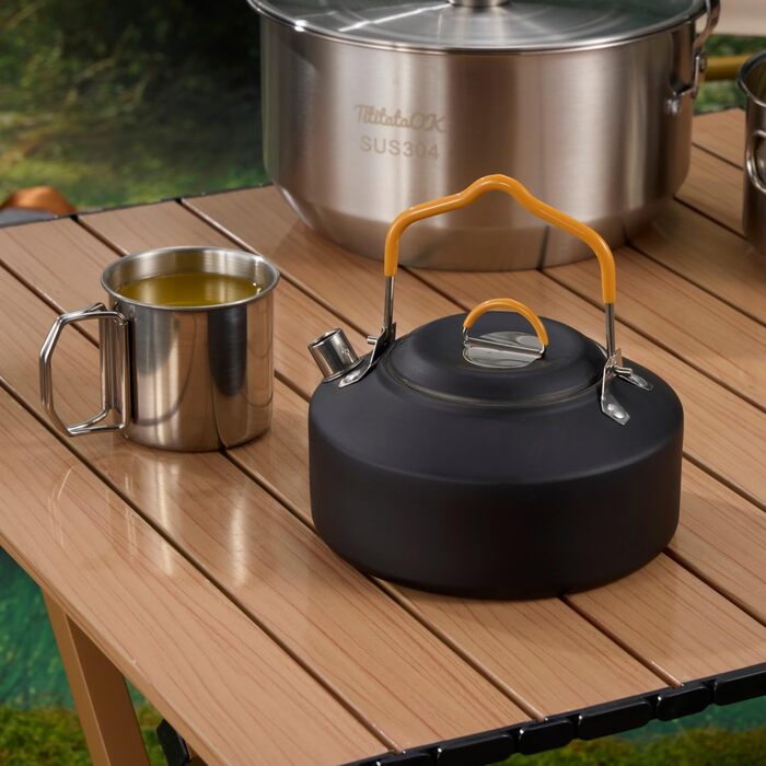 Набір кухонного посуду для кемпінгу з нержавіючої сталі 304, 10 предметів: каструлі, сковорідки, чайник, сітчаста сумка для подорожей, кемпінгу, трекінгу, пікніків, похідного спорядження