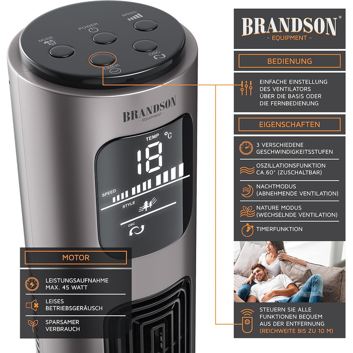 Вентилятор підлоговий Brandson з пультом дистанційного керування, 96 см, титаново-сірий. Обертання 60°, 3 швидкості, мобільний, колона