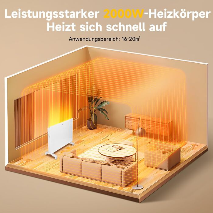 Електричний конвектор Aigostar з термостатом та Wi-Fi, 2000W, для кімнат до 30 м², чорний. Можлива установка на стіну або на підлогу.