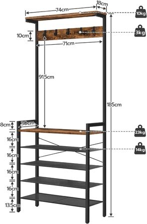 HOOBRO Coat Rack, 5-Tier Shoe Shelf, Wardrobe, Clothes Rack with 5 Removable Hooks, Top Shelf, Entryway, Living Room, Vintage Brown-Black EBF74MT01