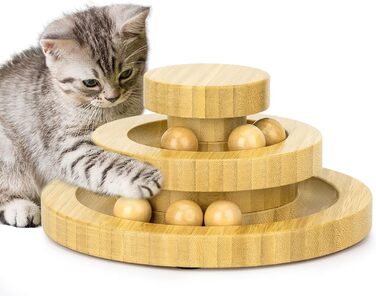 Cat toy self-entertainment, interactive cat toy made of bamboo, THREE tiers, rotating, smart track ball, swing roller with bells (Bamboo turntable)