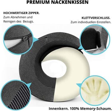 Подушка для шиї AIRTH® 360° з піною з пам'яті та зручним кріпленням - ергономічна підтримка шиї з знімним чохлом для максимального комфорту та відпочинку (сіра)