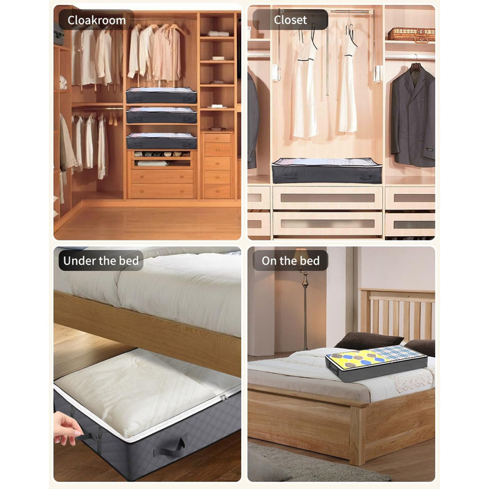 Коробки для зберігання під ліжко з кришкою, 90L, 4 шт., сірі. Органайзери для постільних речей, ковдр, подушок