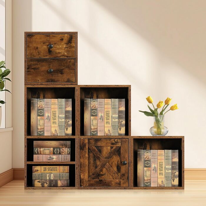 FUSUNBAO Magic DIY Cube Storage Organizer, Stackable Cubes for Home, Books, Clothes, Toys, Modular Storage System, Closet Organizer, Bookshelf, Closet (Pure White (Brown with Antique Finish, 2. General Cube)
