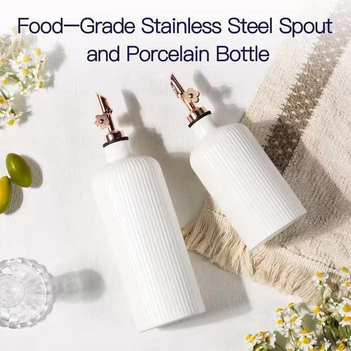 Dizada Oil Dispenser for Kitchen, Ceramic Olive Oil Dispenser Bottle, 624 ml + 400 ml, Large Capacity, Oil and Vinegar Dispenser Bottles with Stainless Steel Spout, Oil Container, 2-Piece Set
