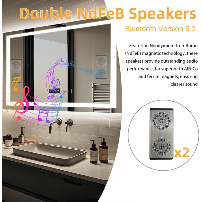 Дзеркало для ванної кімнати LUVODI з підсвічуванням: 100x70 см, годинник, температура, дата, антизапар, регулювання яскравості, 3 кольори світла, функція пам'яті, LED, водонепроникне, Bluetooth