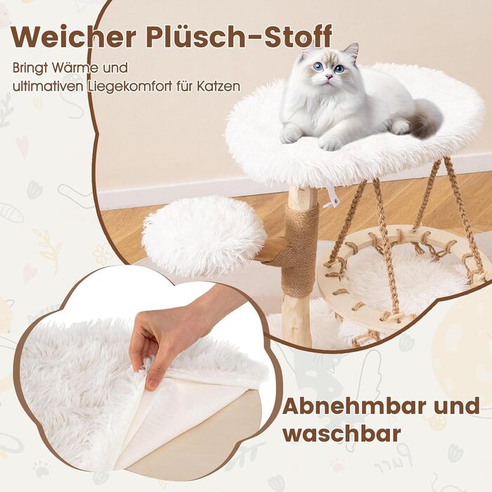 Дерев'яний кігтеточки для котів Costway з гамаком, мотузкою, натуральним деревом та jute-обтягнутими стовпчиками, 2 стійки та платформа, кігтеточки для котів, котячий комплекс, природа+білий (66 см)