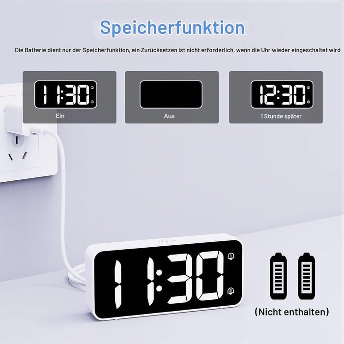Цифровий LED будильник LATEC з 2 сигналами будильника, функцією Snooze, USB-портом для зарядки, регулюванням яскравості та гучності (90-120 дБ), 8 мелодій, формат 12/24г, мережевий, білий