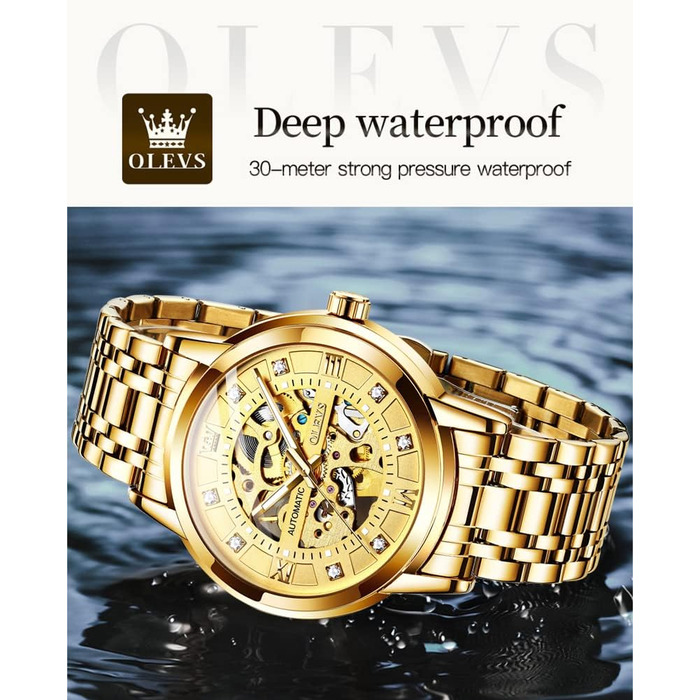 Чоловічий золотий скелетон-годинник OLEVS: автоматичний механічний, водонепроникний, зі сталі, люксовий класичний стиль (All Gold)