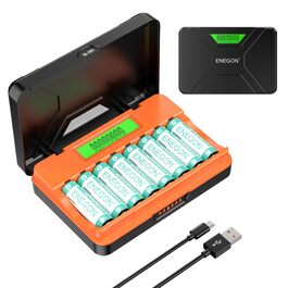 Зарядний пристрій ENEGON 8-Fach для AA/AAA акумуляторів з LCD дисплеєм + 8 Ni-MH AAA акумуляторів 1100mAh, USB-C станція для пульт дистанційного керування, термометрів та електроніки
