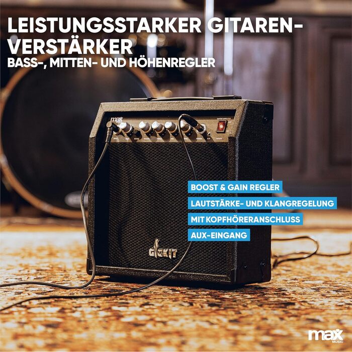 Електрогітара Max GigKit Rock Style: Комплект для гітари з підсилювачем, чохлом, медіатором, тюнером, кабелем, струнами та ременем, 24 лади - Чорний