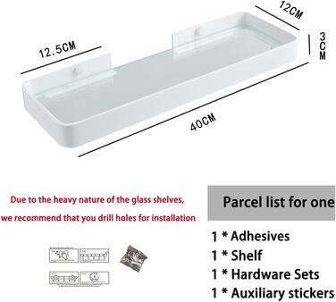 Biutimarden Shower Shelf No Drilling, Bathroom Shelf, Glass Shelf, Wall Mounting, Bathroom Shelf, Rectangular 8MM Tempered Glass, Self-Adhesive, Space Aluminum for Bathroom, Kitchen, Bathroom Accessories, 40CM White