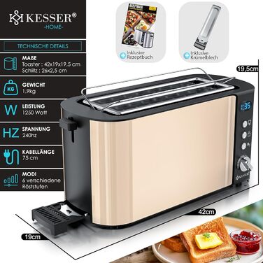 KESSER® Toaster with Roll Attachment, Automatic Long-Slot Toaster with 6 Browning Levels + Defrost & Reheat Function, Automatic Shut-Off, Lift Function, incl. Crumb Tray and Recipe Book, Anthracite Black / Anthracite