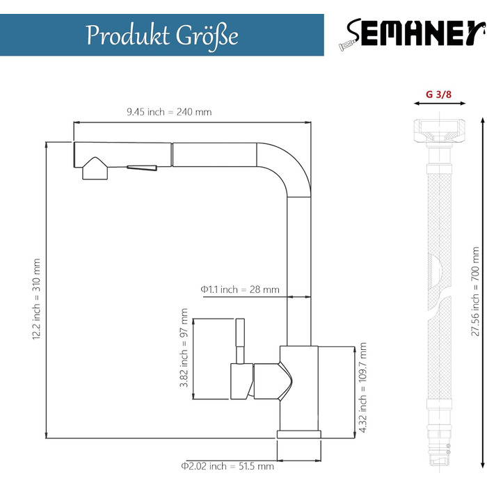 Висувний кран для кухні SEMANEY з двома режимами, поворотний на 360°, з донним виливом, однорегуляторний, матовий (для кухні)