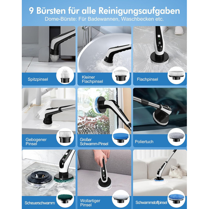Електрична щітка для чищення з 9 насадок, щітка для швів, водонепроникна IPX8, електричний спін-скреббер з регульованою ручкою, 2 швидкості, для ванної кімнати, кухні, авто, біла+чорна