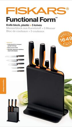 Набір ножів Fiskars Functional Form: блок з 5 ножами (овочевий, для томатів, Santoku, кухонний, для хліба), пластик, чорний