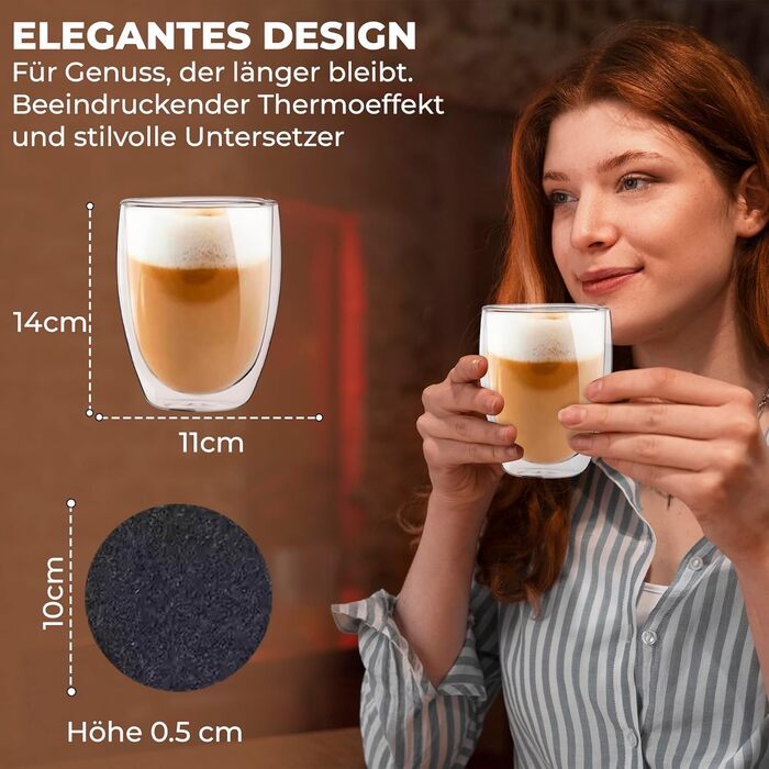 Набір склянок для лате макіато Zobel 350 мл (4 шт.) з ручкою, подвійні стінки, боросилікатне скло, з підставками та ложками, придатні для миття в посудомийній машині та термостійкі